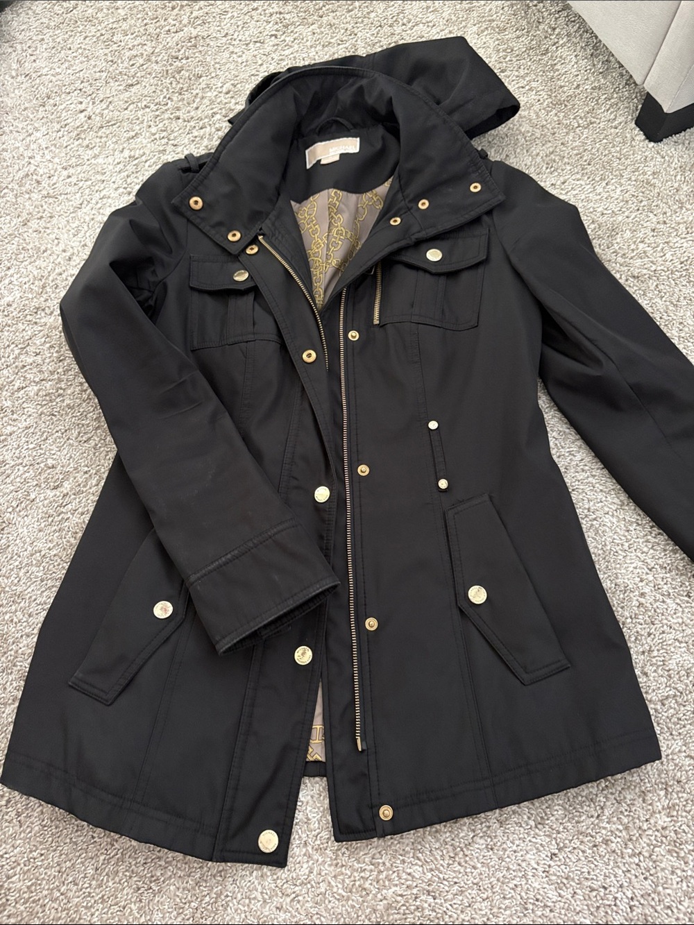 Michael Kors Black Hooded Utility Jacket with Gold-Tone Hardware